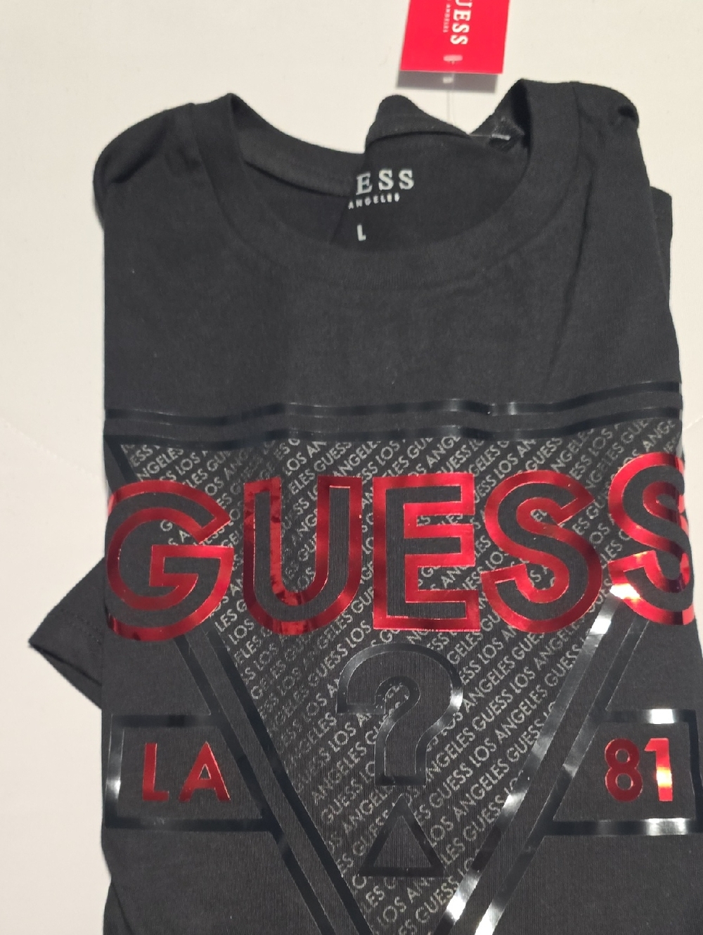 GUESS Black Graphic Logo Tee with Red Metallic Print